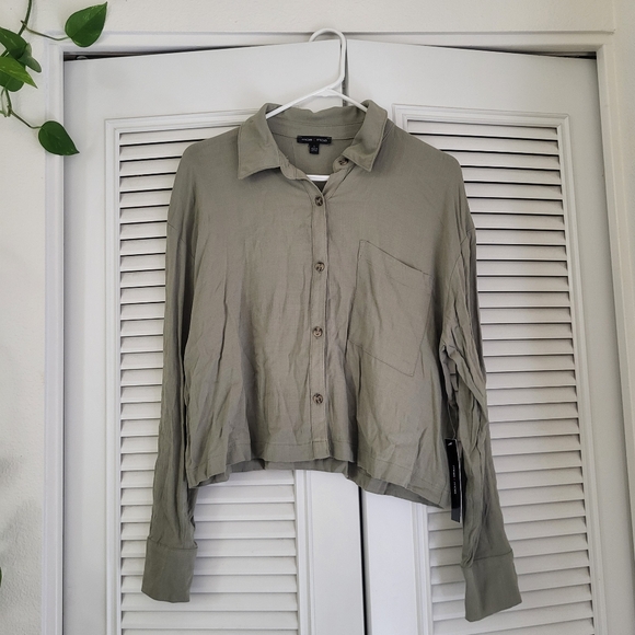 Moa Moa Tops - Moa Moa - Olive Button-Up Cropped Shirt